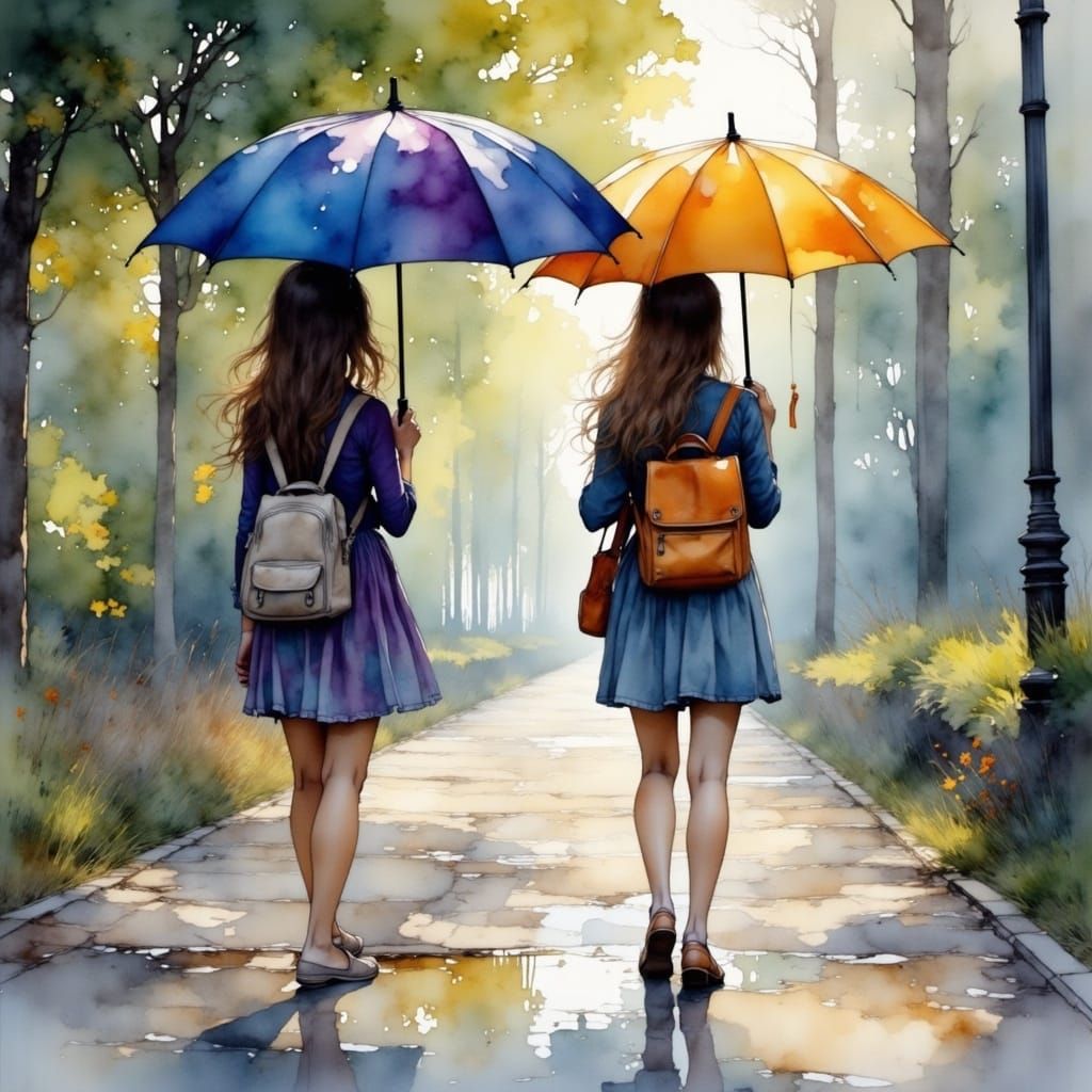 Girls Splashing in Puddles on a Rainy School Day in Whimsica...