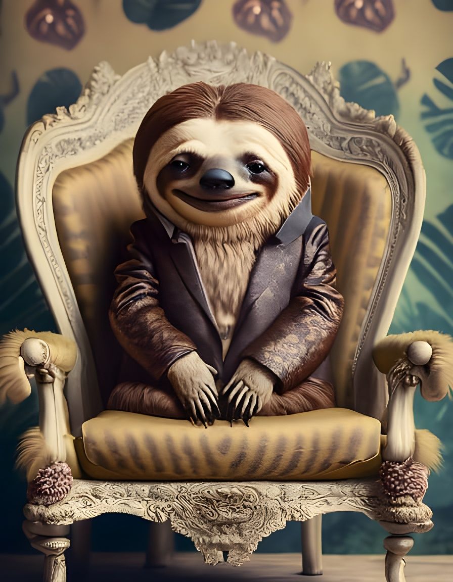 Cute Chibi Sloth in Royal Outfit on Edwardian Chair
