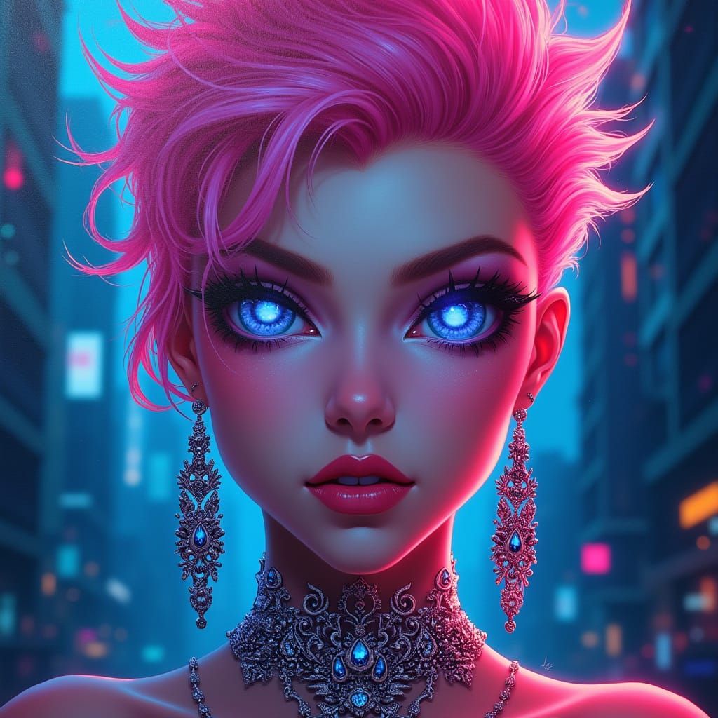 Futuristic Cyborg Woman: Neon Punk Acrylic Portrait