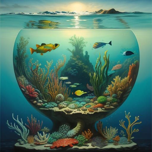 Surreal Dali-Inspired Underwater Landscape with Fish and Pla...