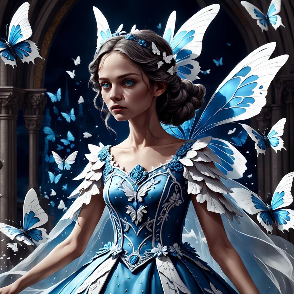 Woman in Butterfly Wedding Dress: Detailed Matte Painting