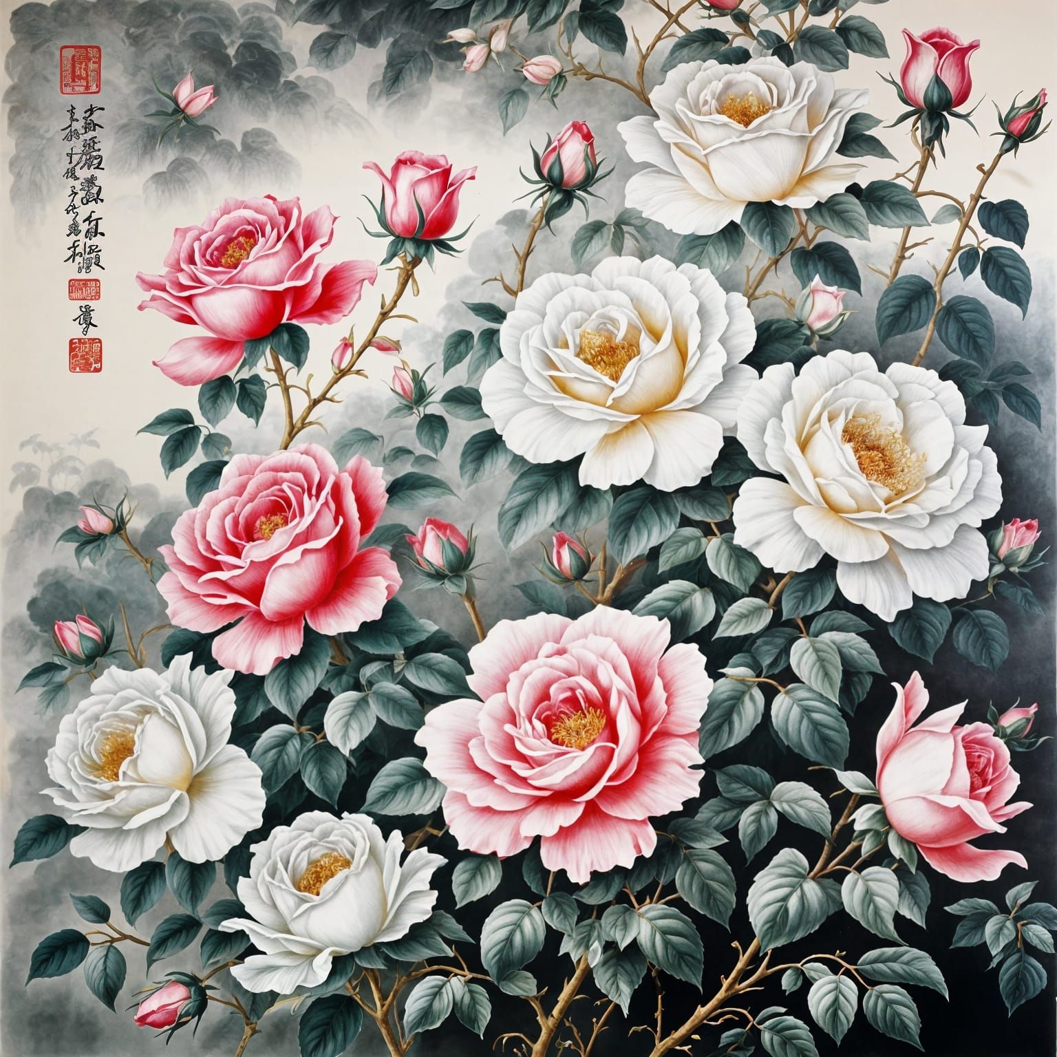 Elegant Roses in Chinese Scroll Art Style