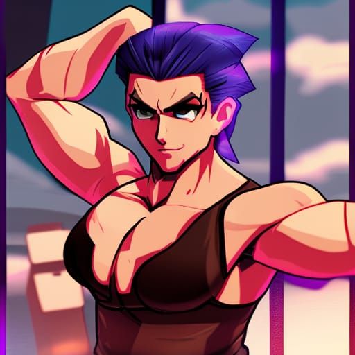 Bodybuilder as KOF Character in 2D Cel Shading Style