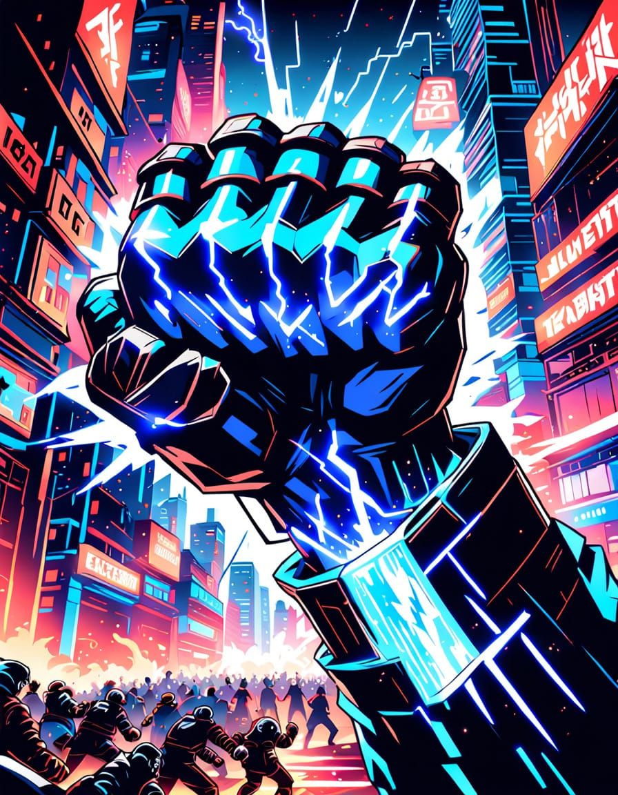 Anime Style Electrified Fists in Neon City