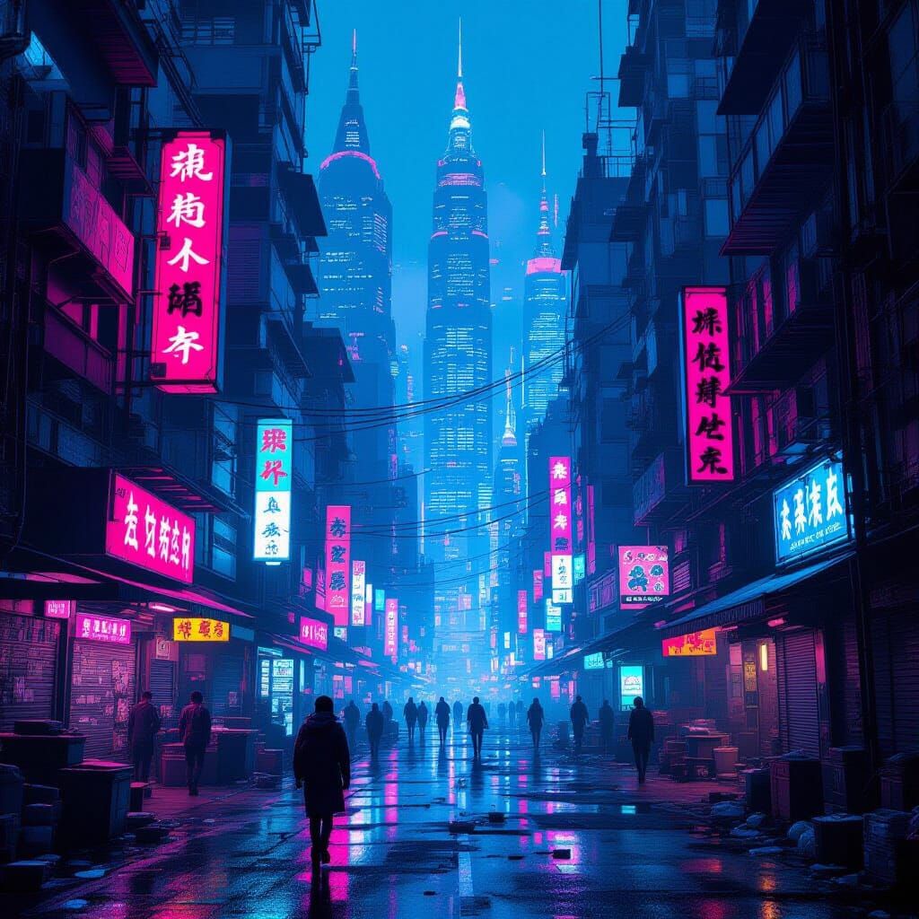 Cyberpunk Metropolis with Neon Lights and Towering Skyscrape...