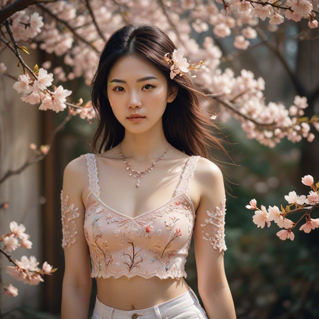 Concept Portrait of Japanese Woman with Cherry Blossoms