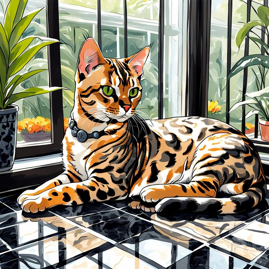Bengal Cat Lounging: Comic Anime Art