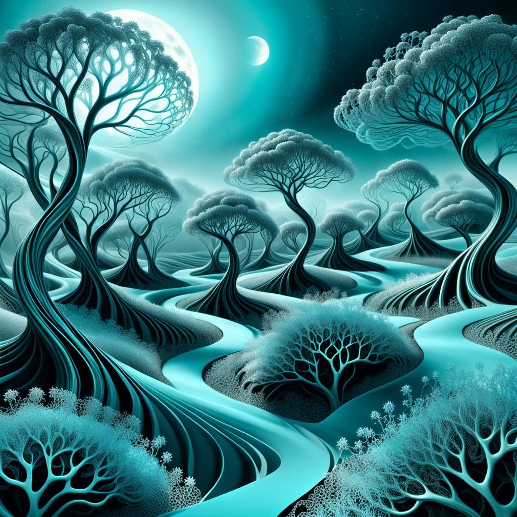 Surrealist Dreamscape with Elastic Flora and Metallic Sky