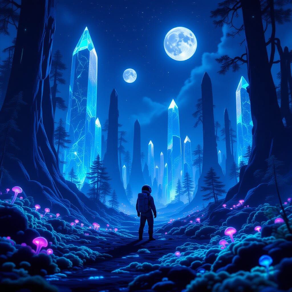 Astronaut Discovers Glowing Alien Forest Under Twin Moons