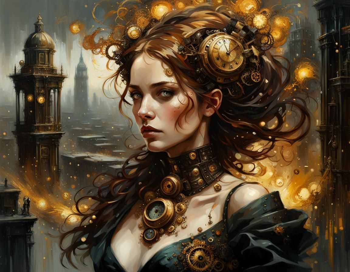 Steampunk Woman in a Gloomy Cityscape