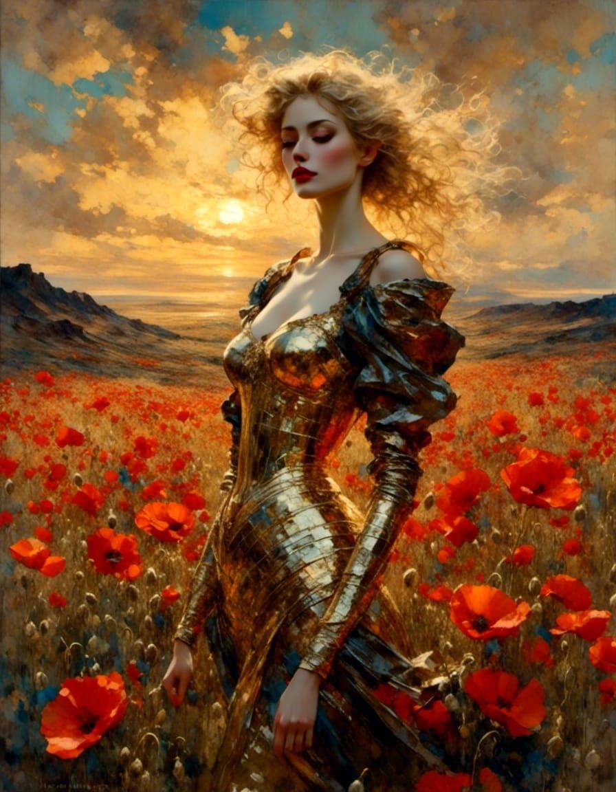 Poppy Field Warrior in Art Nouveau Style