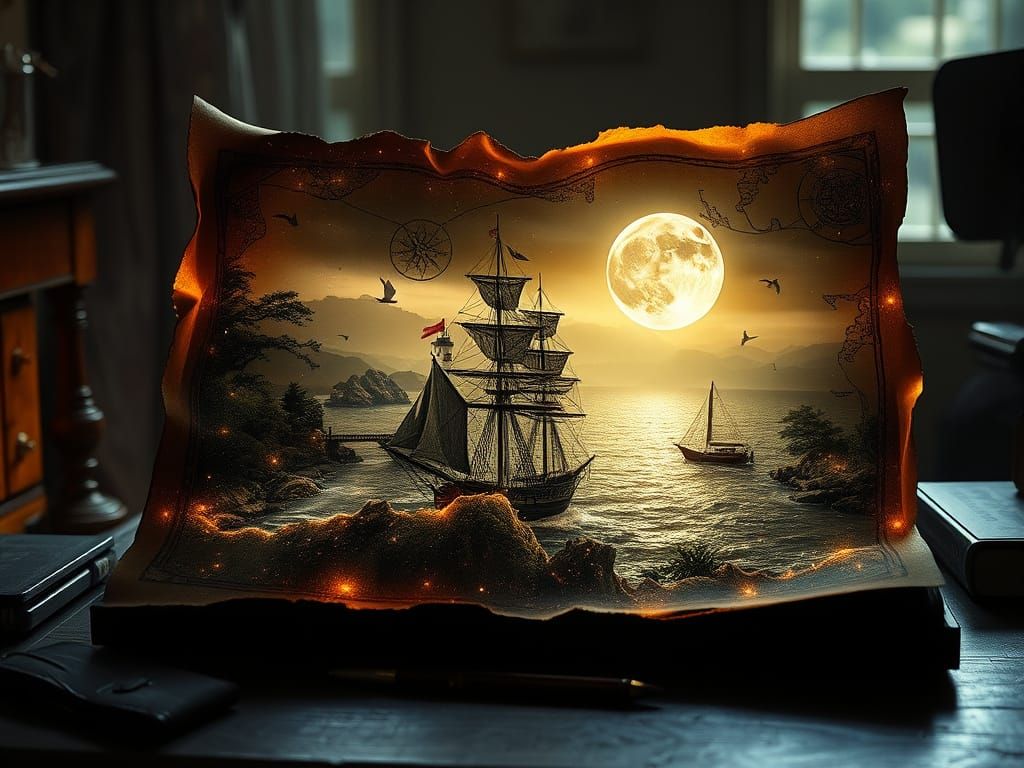 Surreal Treasure Map with Glowing Seascape Double Exposure