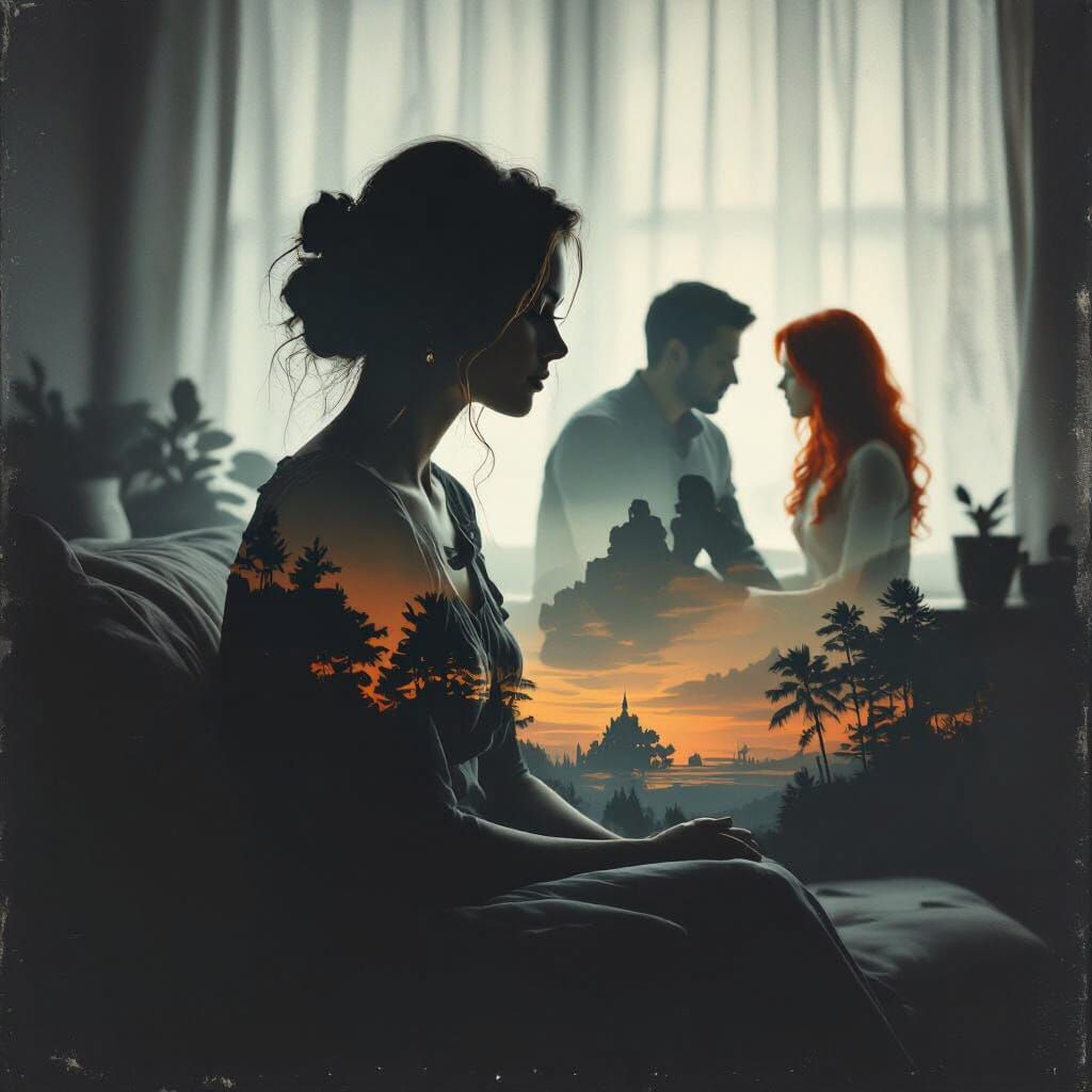 Surreal Double Exposure Silhouette of a Grieving Woman