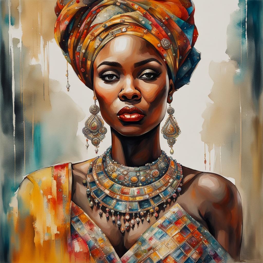 Enchanting Nigerian Woman in Oil and Watercolor