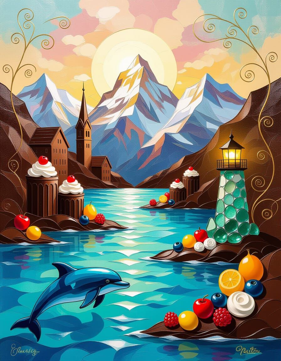 Surreal Chocolate Alps City in Shimmering Sea Glass