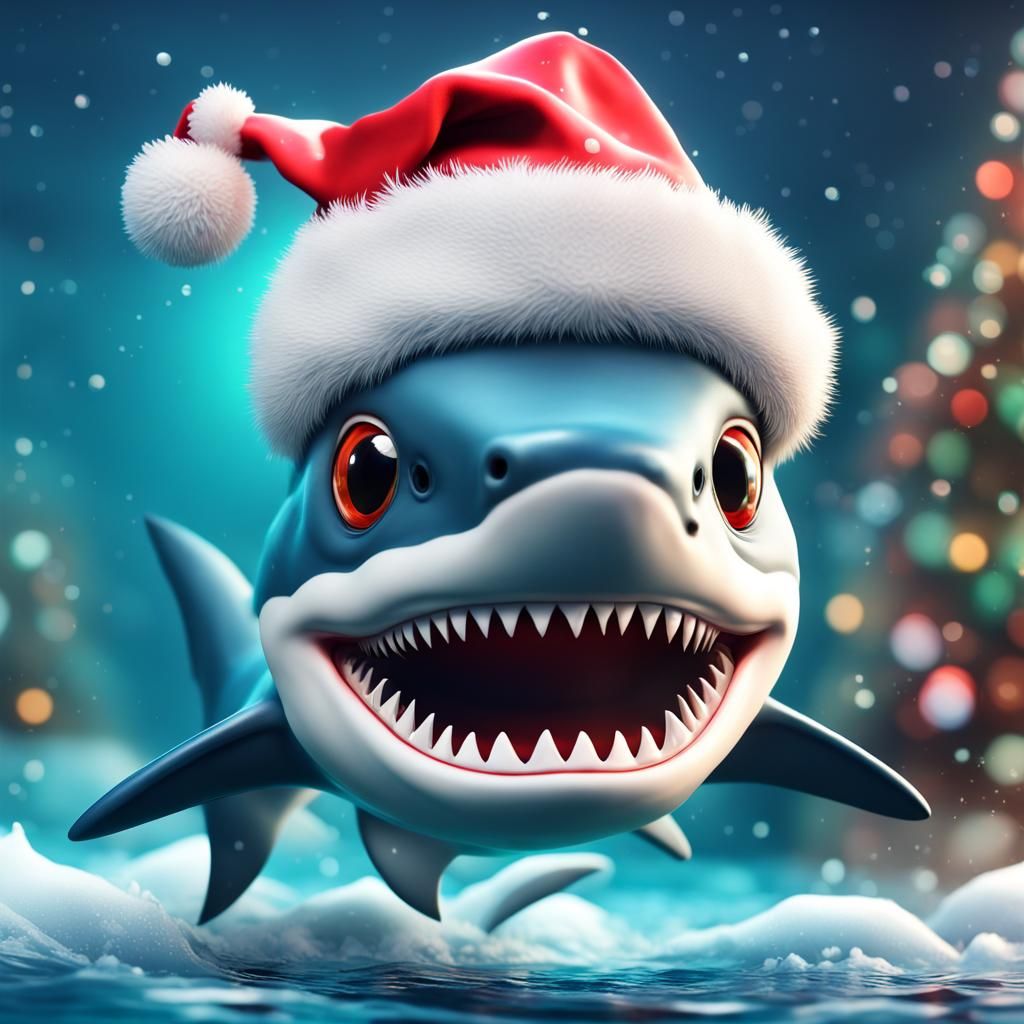 Adorable Shark in Santa Hat: 3D Winter Scene