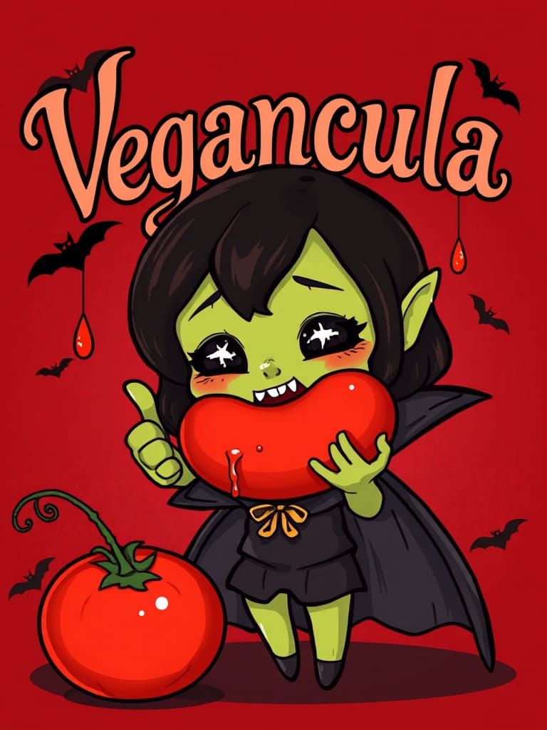 Vegancula Avocado Vampire Girl in Gothic Chibi Style