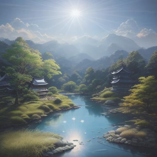 Detailed Asian Landscape in Parchment Ink Style