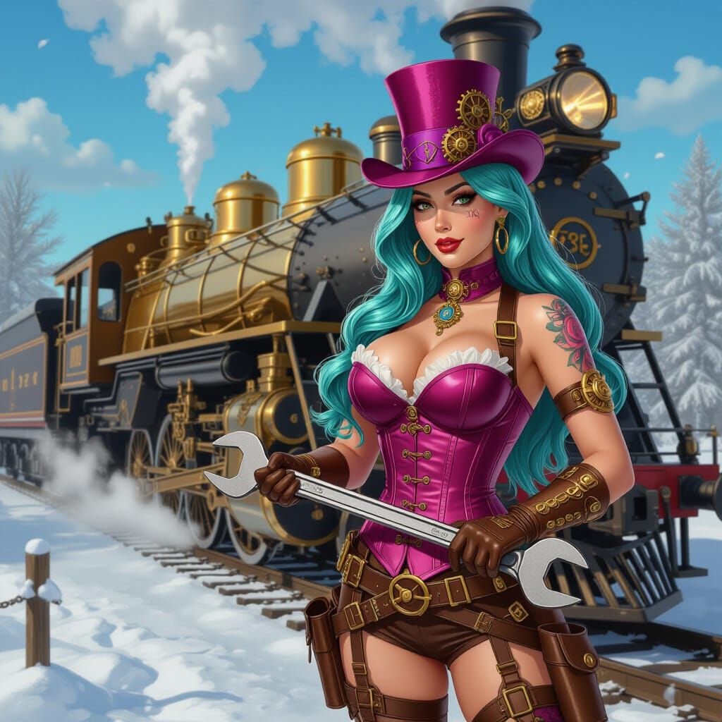 Steampunk Mechanic with Cyan Hair Repairs Locomotive in Wint...