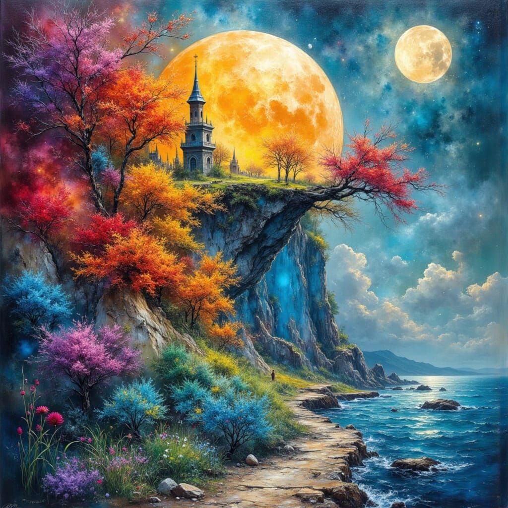 Surreal Moon Ladder in Impasto Oil Painting