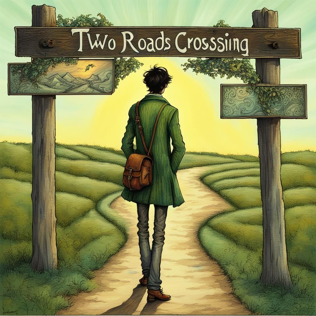 Fairytale Crossroads in Arthur Rackham Style