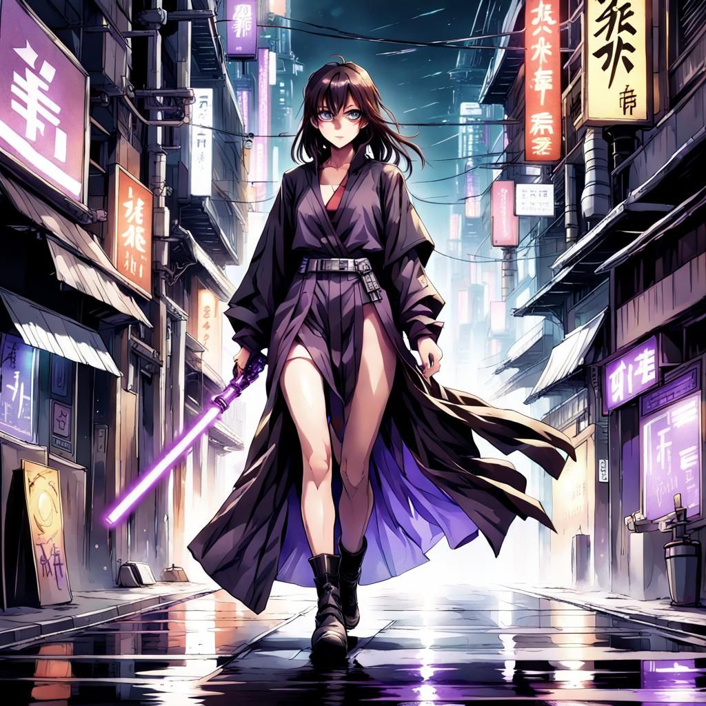 Cyberpunk Jedi with Purple Lightsaber in Anime Style