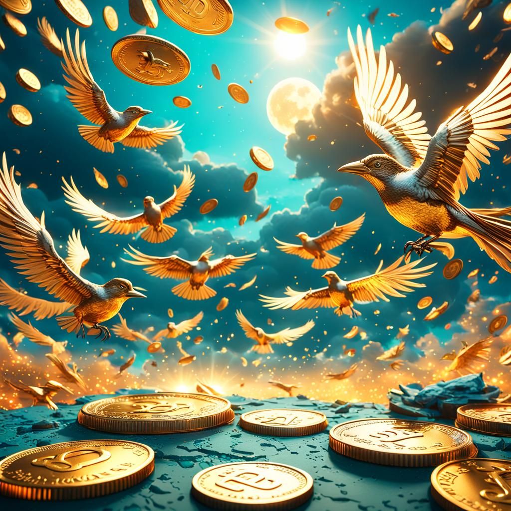 Coins Fly Through Sky Hitting Birds: Digital Art