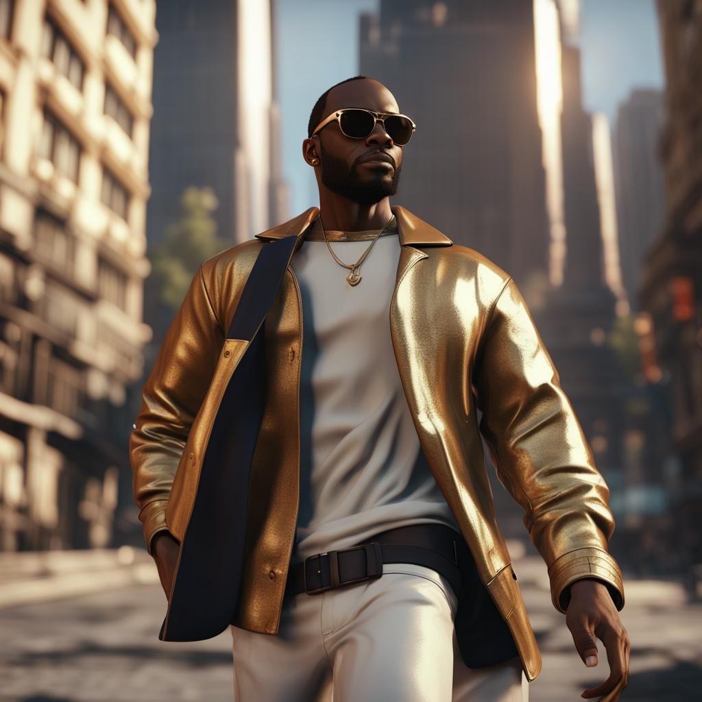 Confident Man in Gold Walking: 3D Game Cinematic