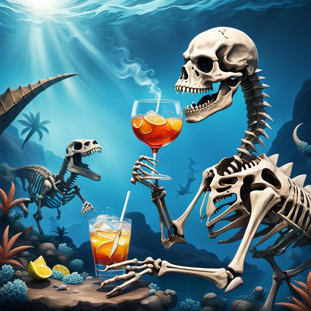 Skeleton Dinosaur on Blue Ocean with Drink