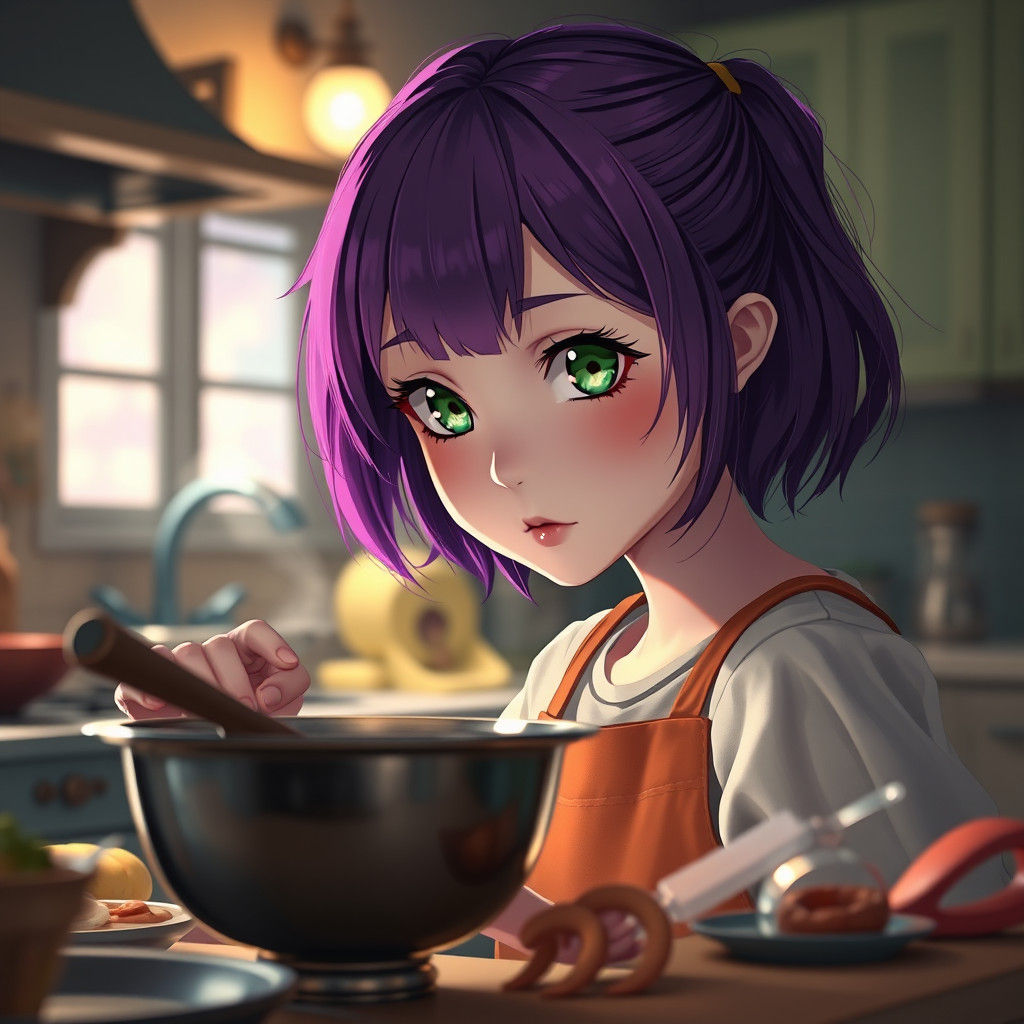Anime Girl Cooking Dinner in a Fantasy Kitchen