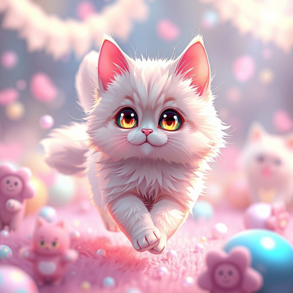Anime-Inspired Fluffy Cat in Whimsical Environment