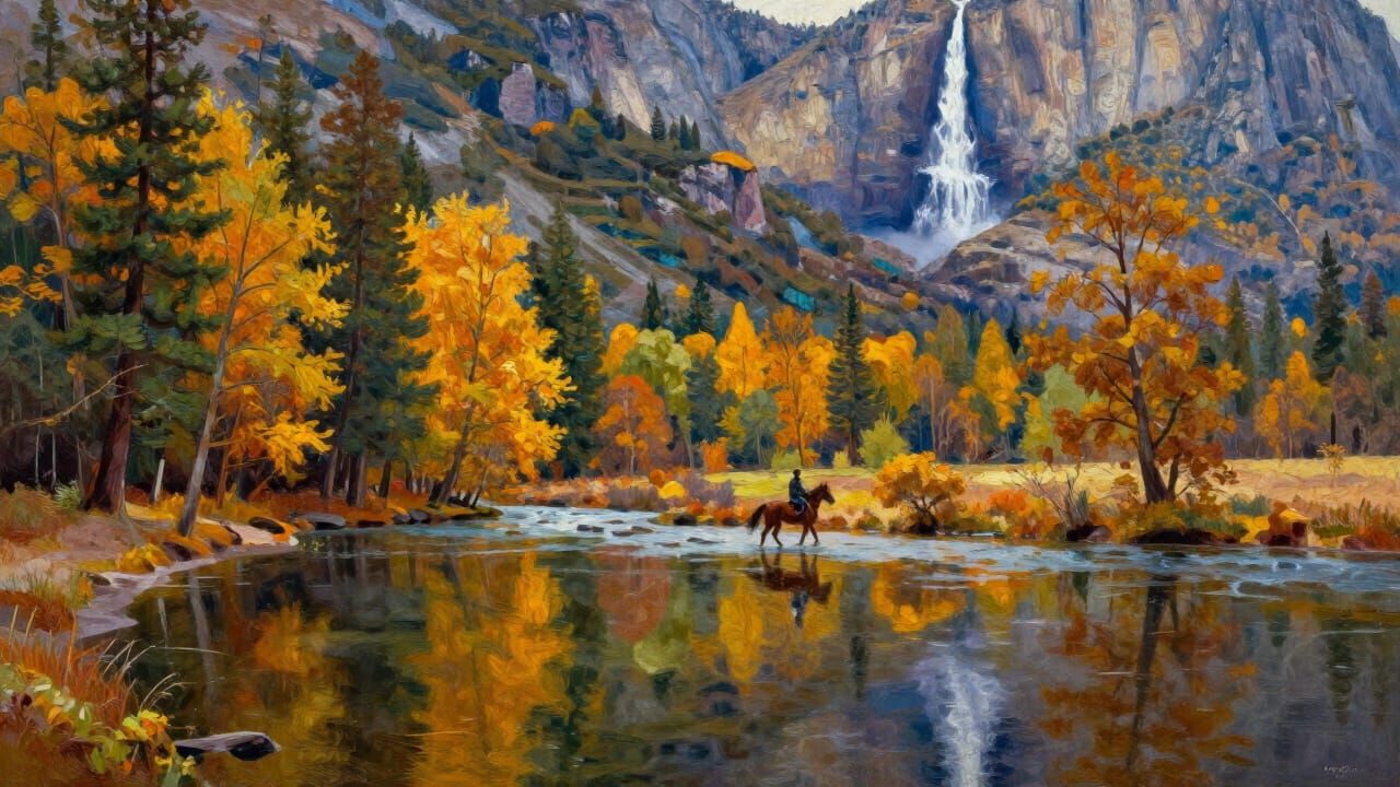 Autumn Landscape with Rider Crossing River