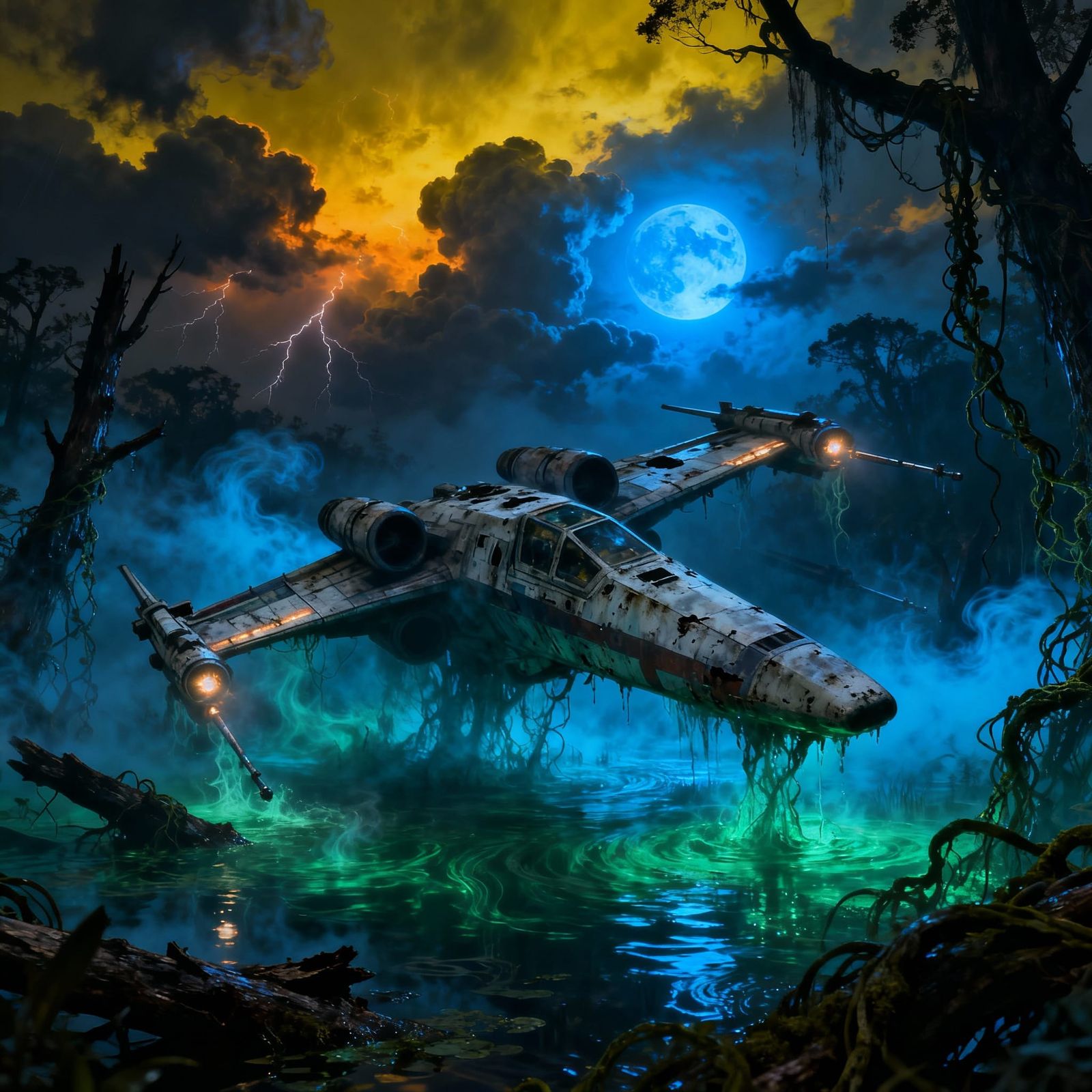 Ghostly X-Wing Fighter in Stormy Swamp