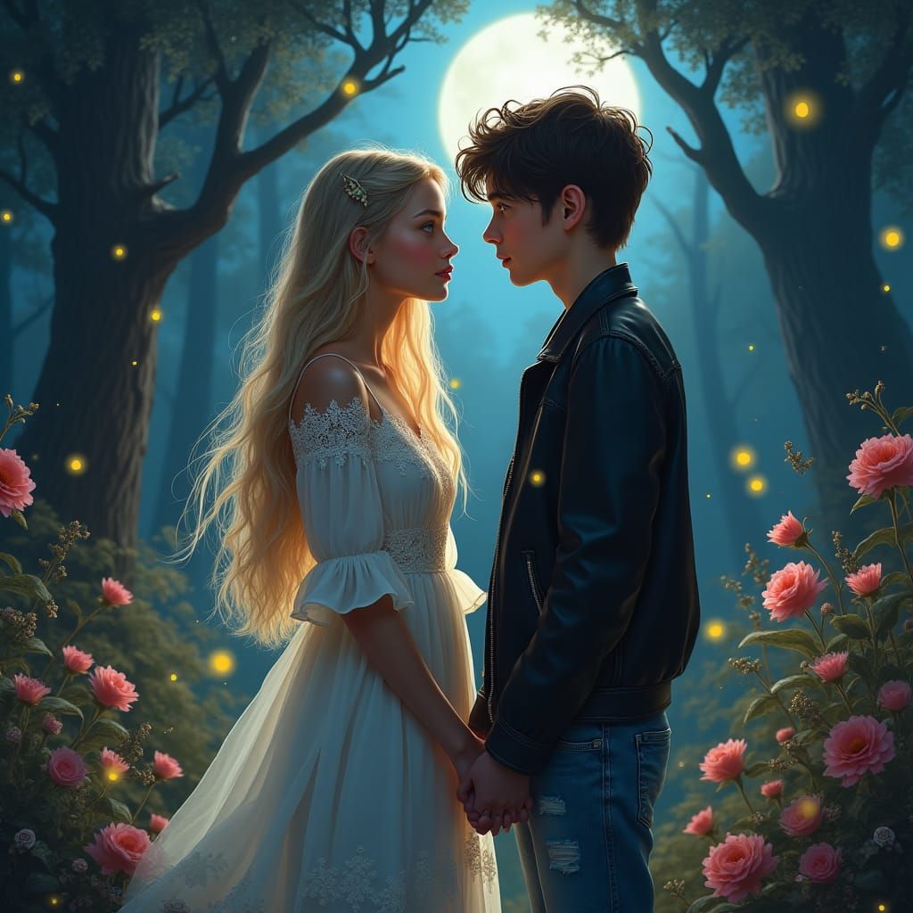 Teenage Romance in Moonlit Forest, Matte Painting