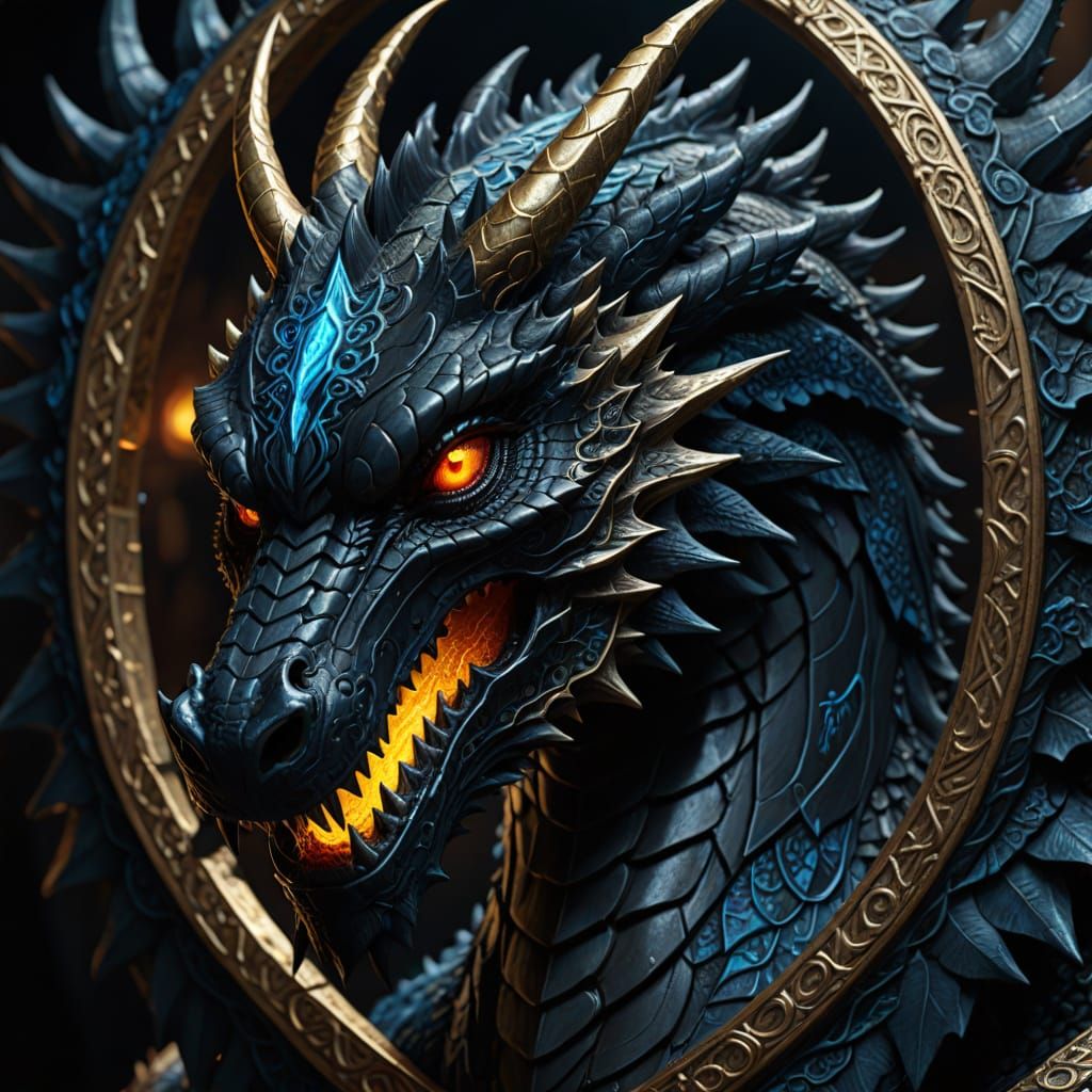 Black Dragon Head with Glowing Runes in Fantasy Art