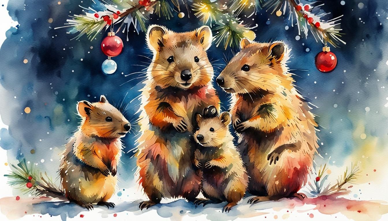 Quokka Family Christmas Celebration Watercolor