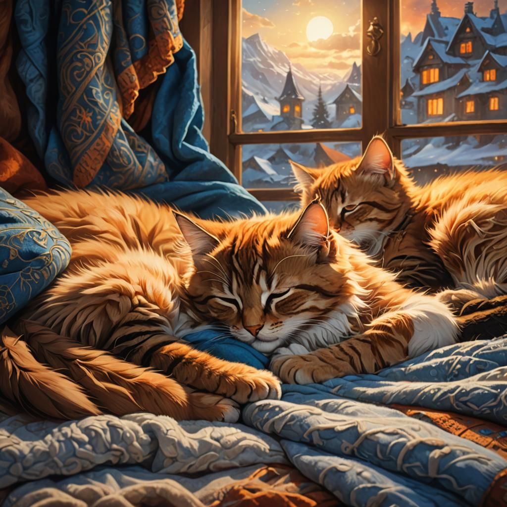 Mother Cat and Kitten Sleeping: Fantasy Art