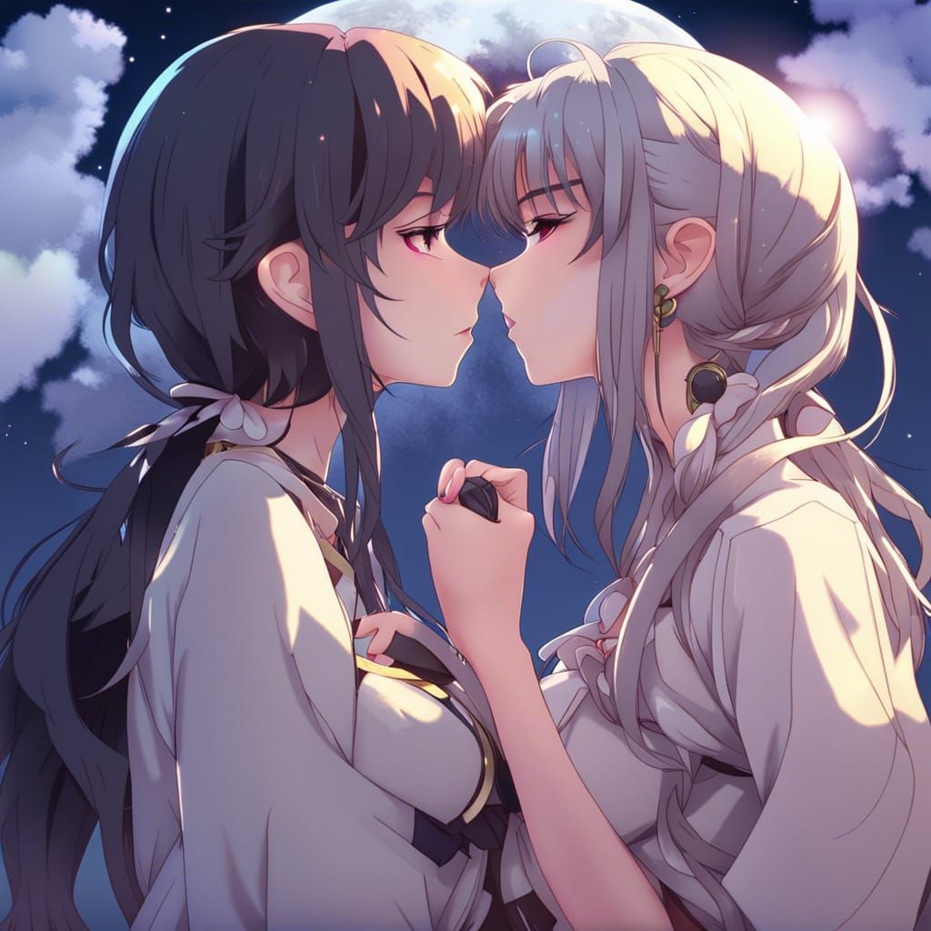 Anime Gamer Girls Kissing Under the Moon
