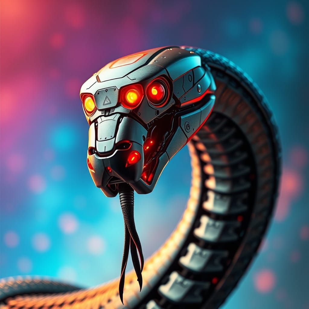 Hyperrealistic Robot Snake with Glowing Red Eyes in Sci-Fi S...