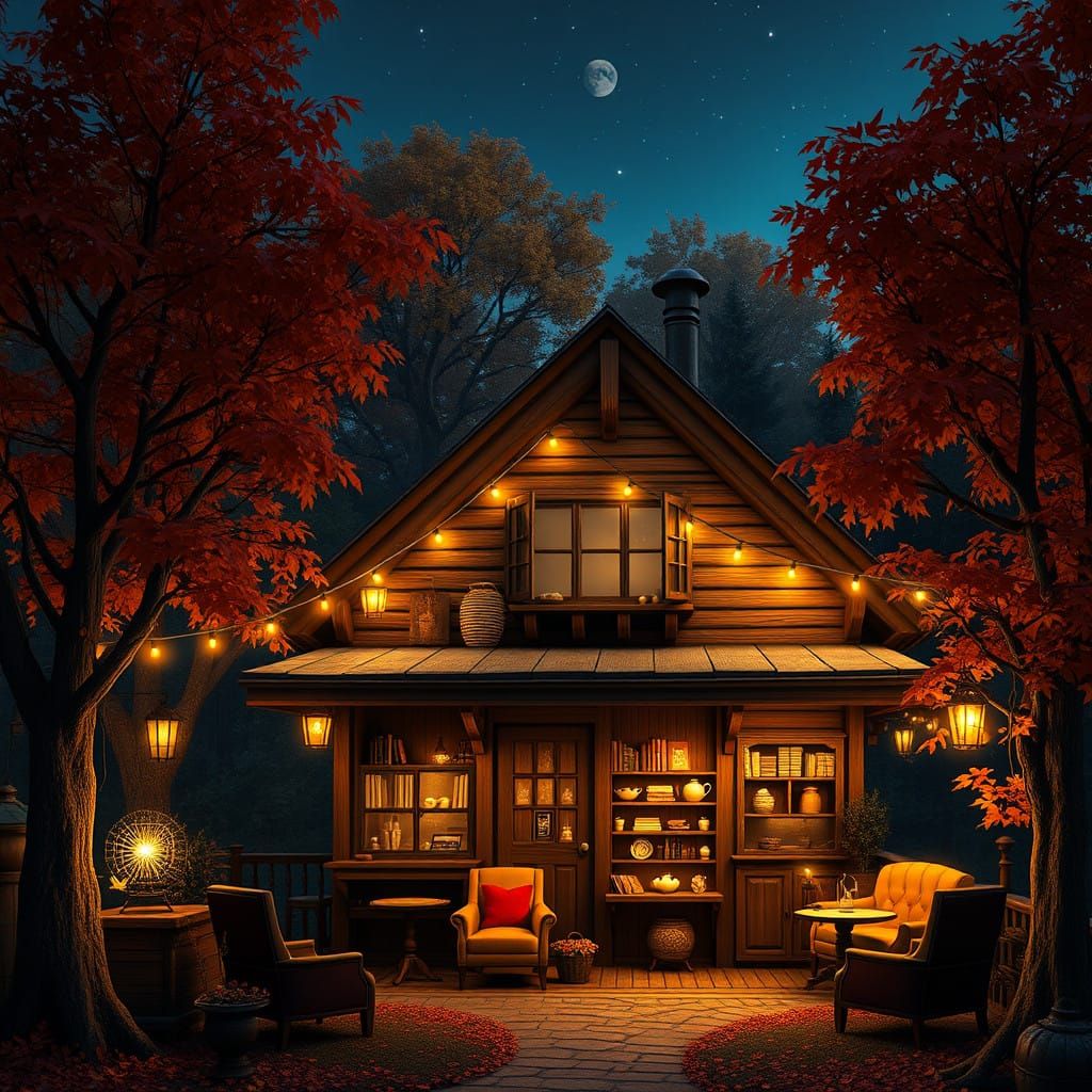 Cozy Whimsical Coffee Cafe in Vibrant Fall Forest