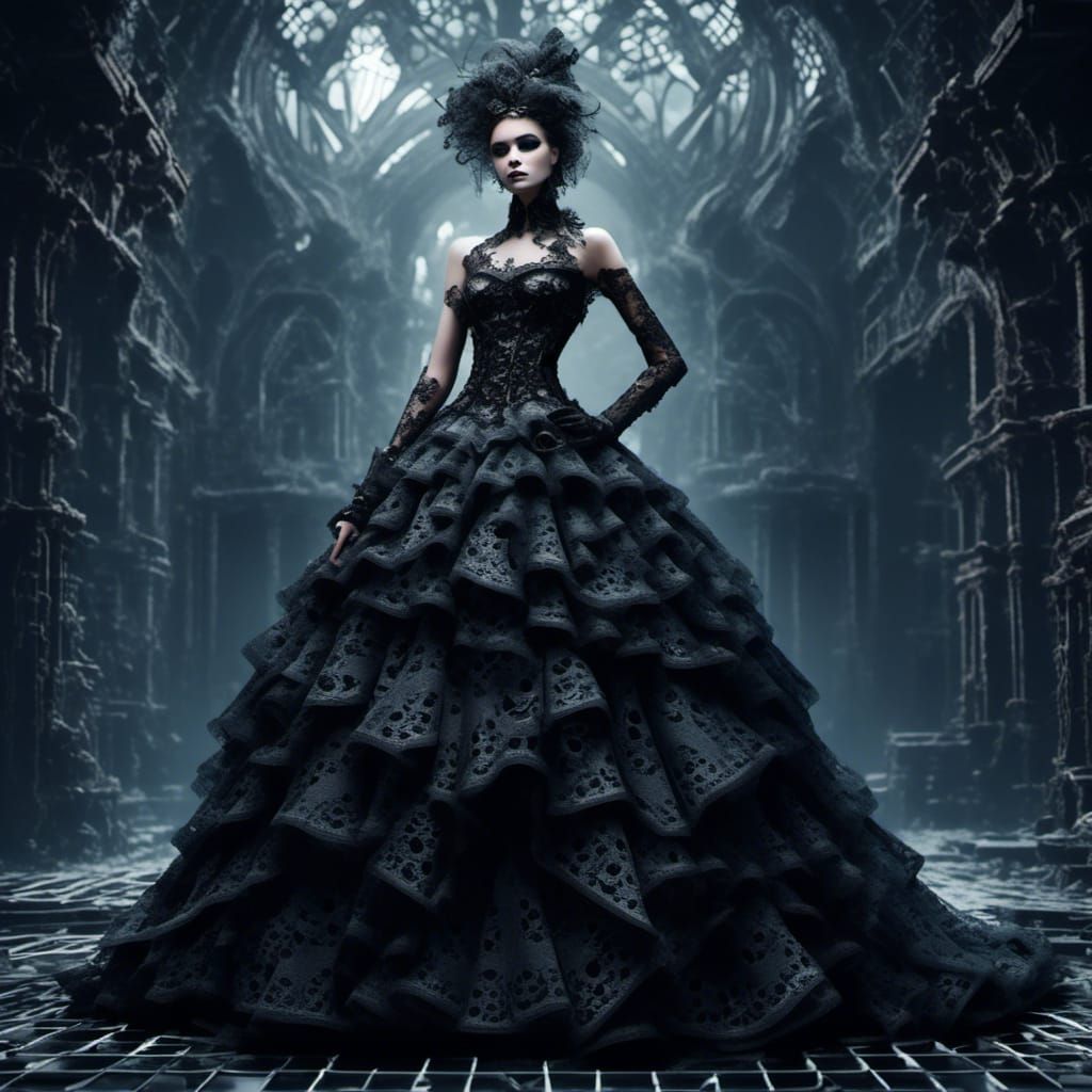 <lora:BEG Metal Generator:1.0> Gothic bride in black lace
