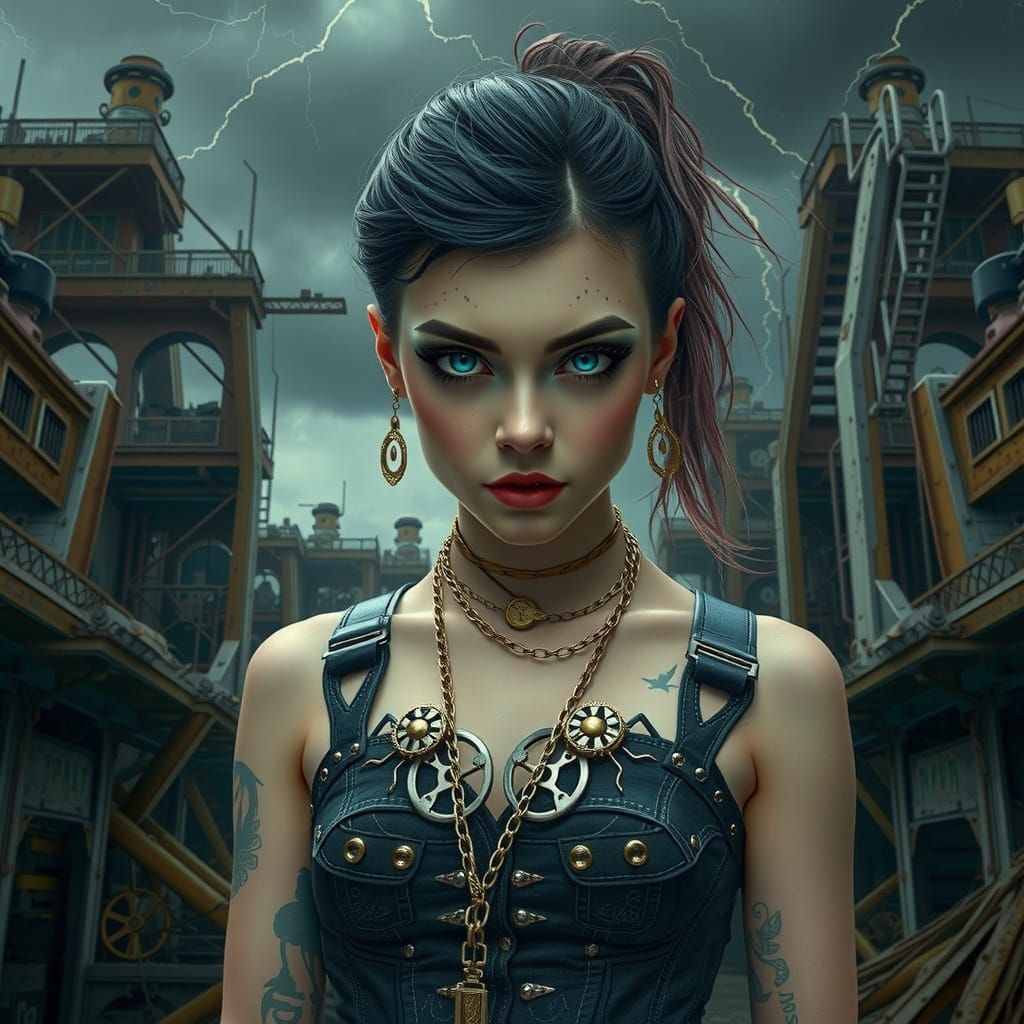 Steampunk Siren in Neon Blue Haze