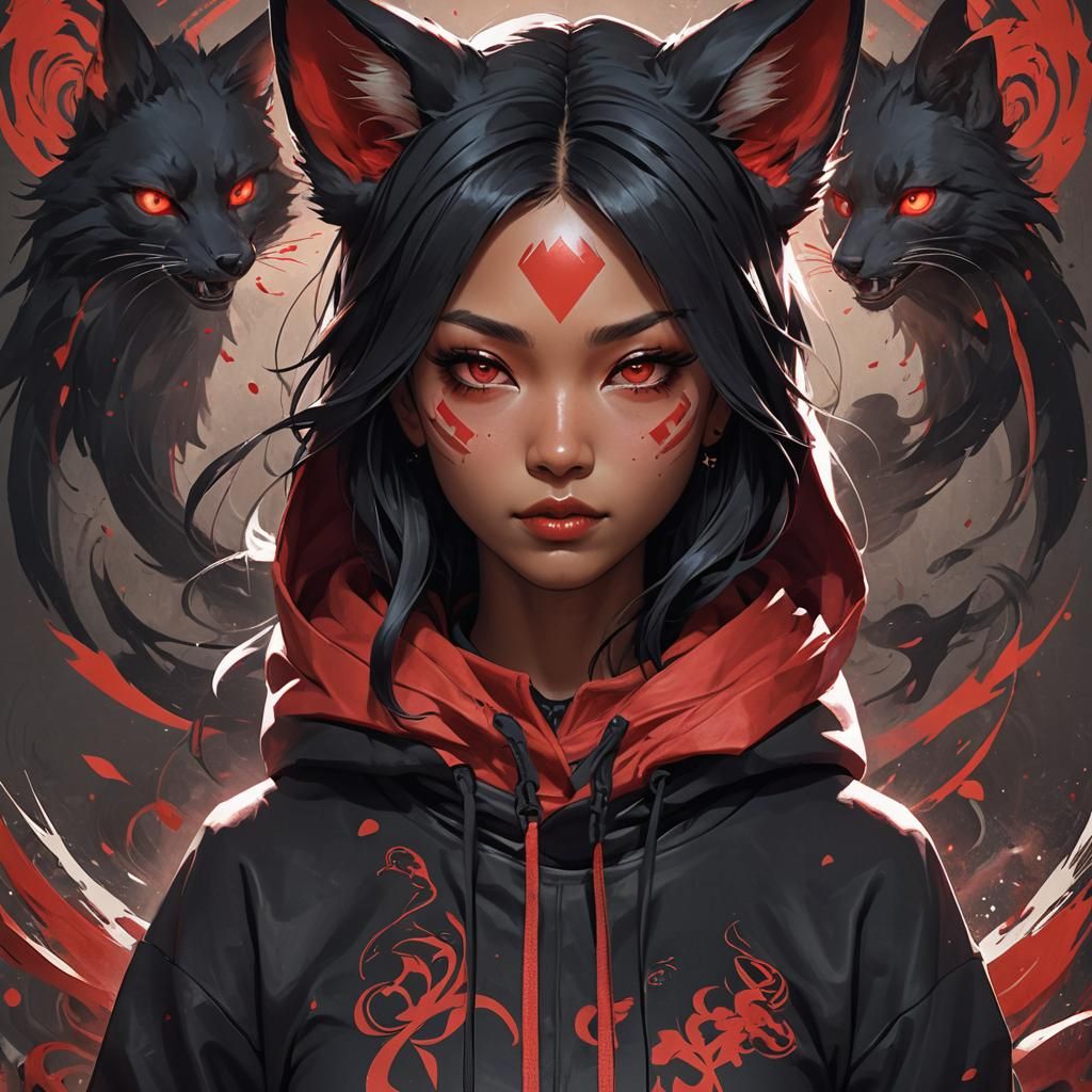 Black Kitsune Girl Portrait in Hyperdetailed Style