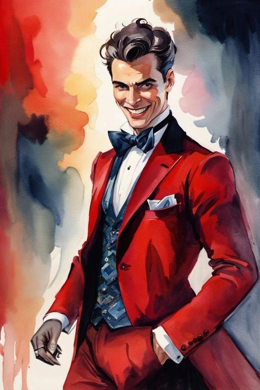 Intimidating Man in Red Suit Watercolor Painting