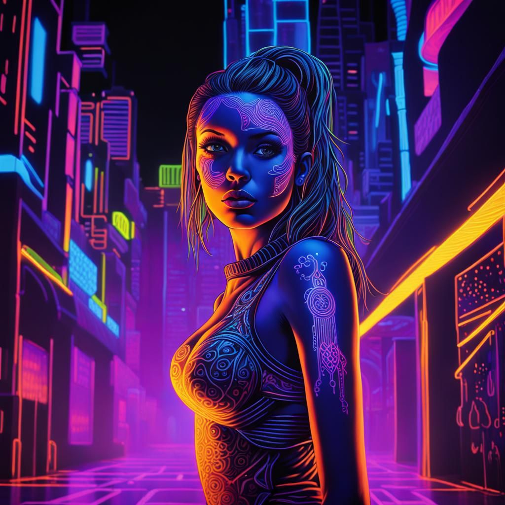Cyberpunk Girl in Neon City: Black Light Painting
