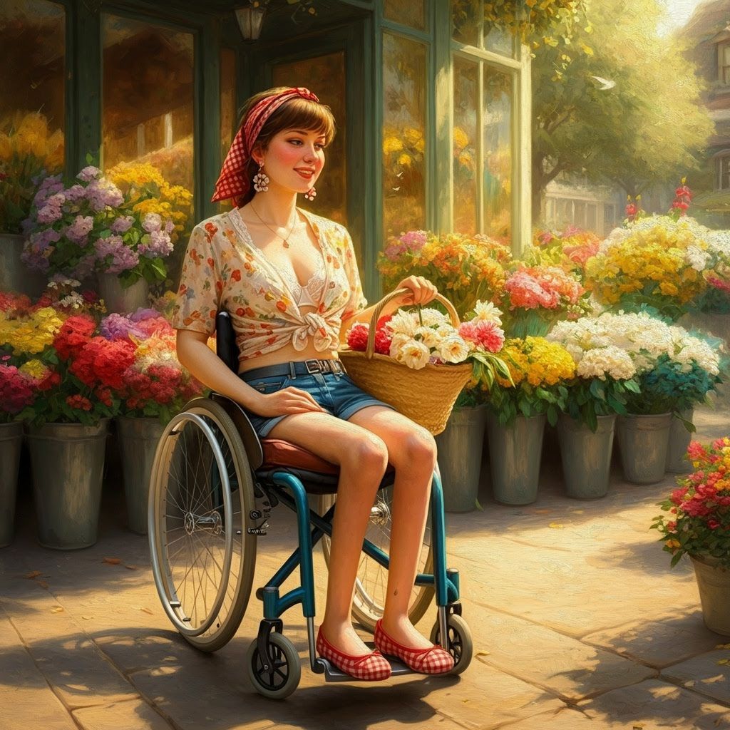 Young Florist in Wheelchair Admiring Bouquets as Oil Paintin...