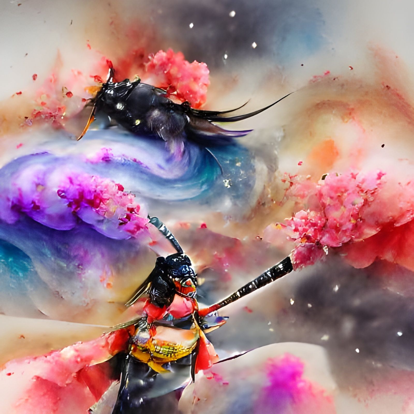 Cosmic Samurai Girl in Watercolor Style