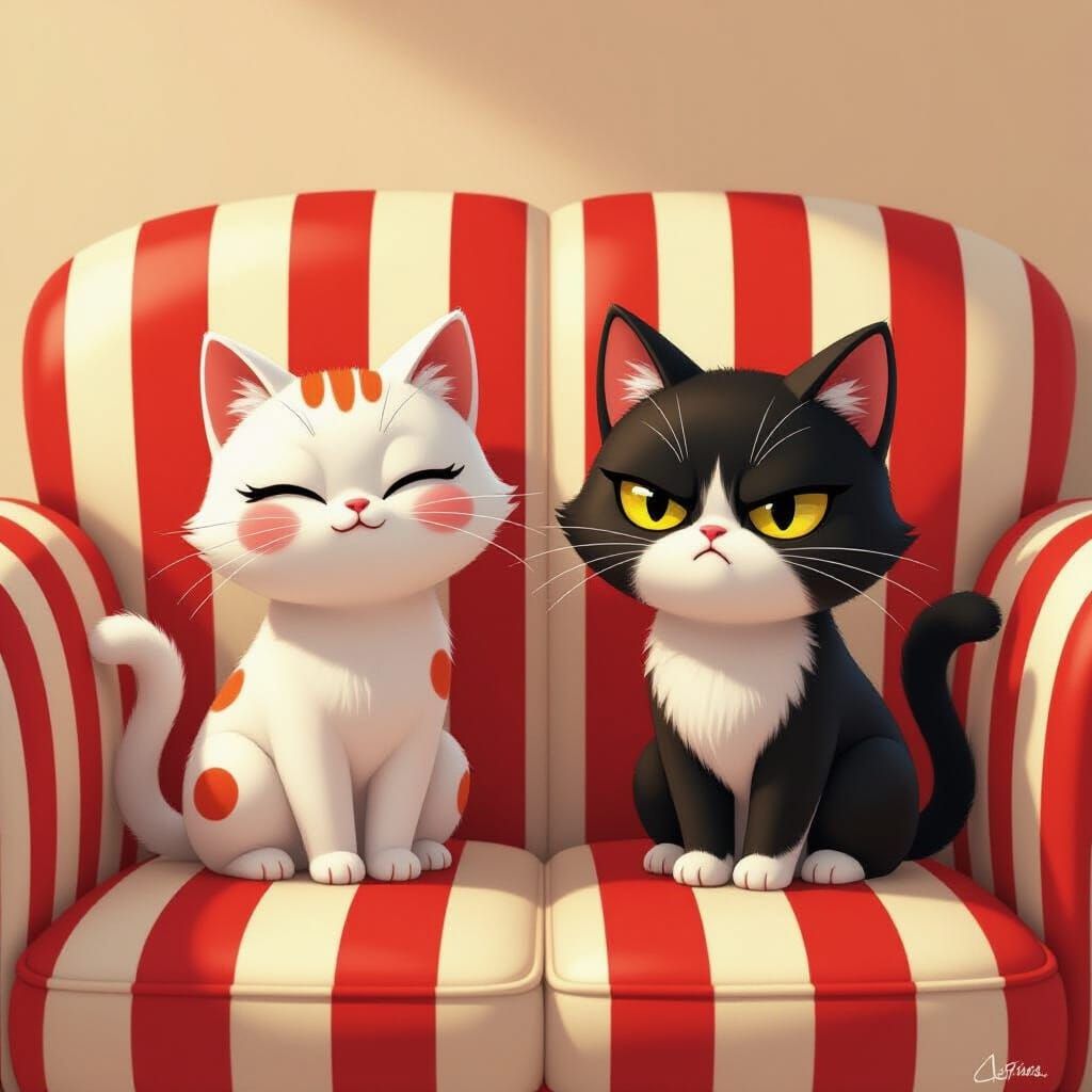 Two Cats on Striped Sofa in Playful Cartoon Style