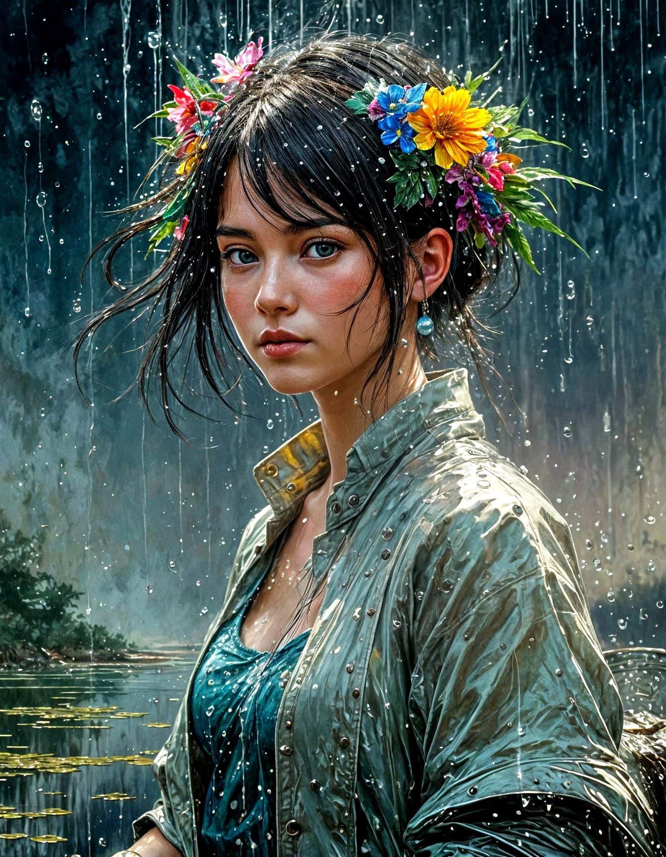 Fantasycore Portrait in Rain, Impasto Painting