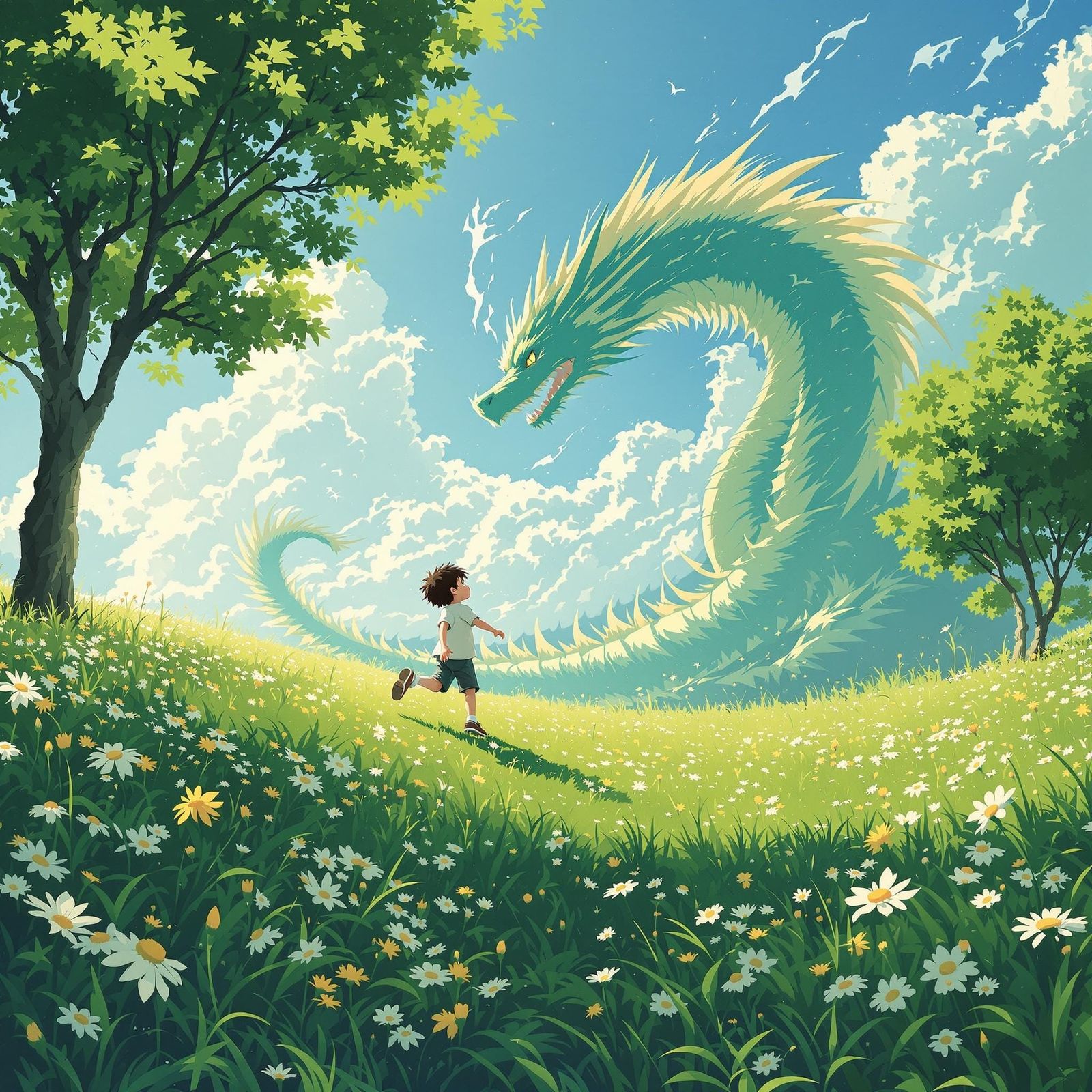 Child's Dragon Shadow in Miyazaki Anime Style